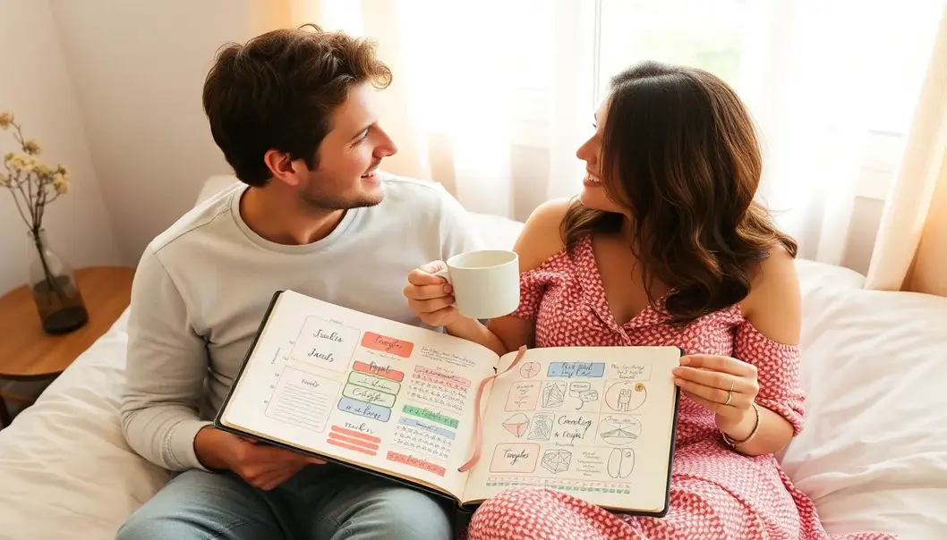 Newlyweds setting up their bullet journal amidst a warm, romantic atmosphere.