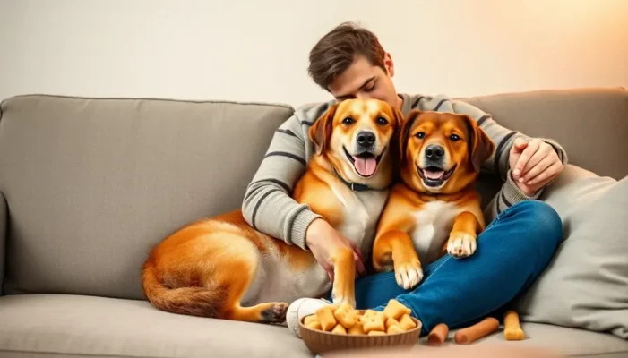 A pet owner and dog snuggled on sofa with comfort treats.