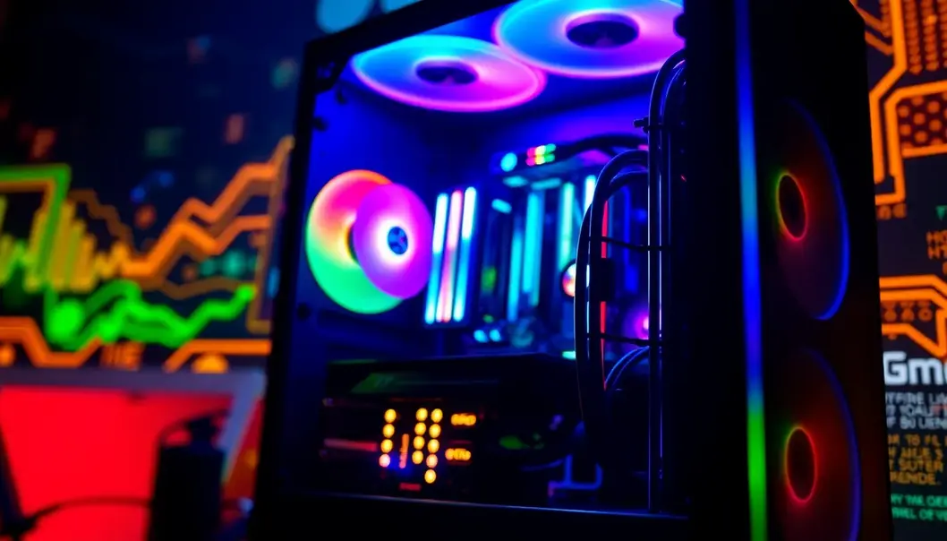 Close-up view of an assembled custom gaming PC with colorful lights.