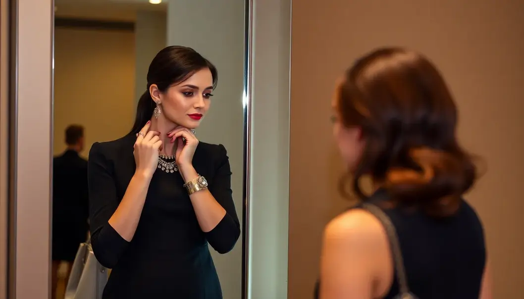 A modern woman exuding style in a classic blazer with chic office decor.