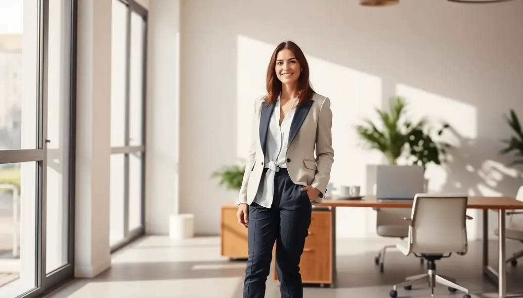 A modern woman exuding style in a classic blazer with chic office decor.