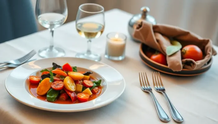 A beautifully set dining table with fine china and an elegantly plated dish, exemplifying luxurious culinary experiences.