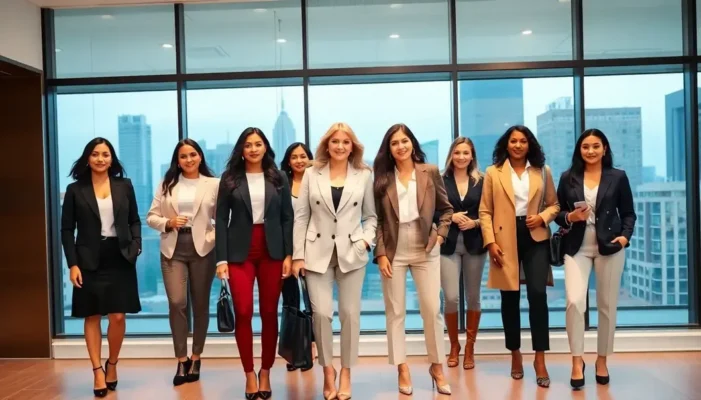 Group of women in professional attire in an office setting with city views.