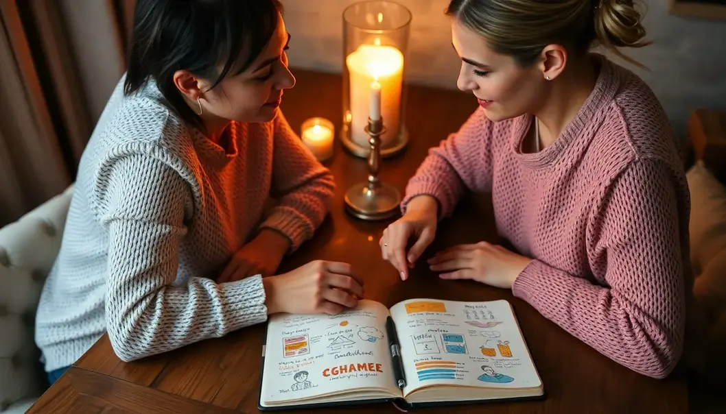 Newlyweds setting up their bullet journal amidst a warm, romantic atmosphere.