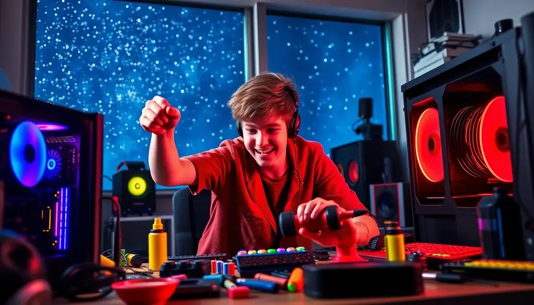 A colorful collection of essential PC components for building a gaming rig.