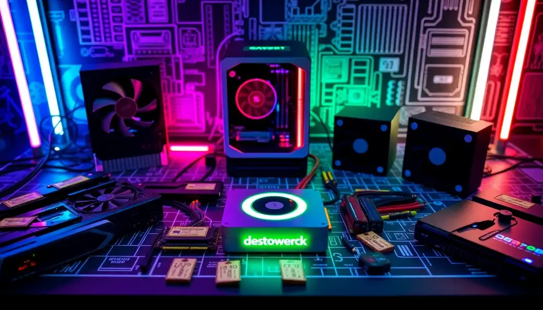 A colorful collection of essential PC components for building a gaming rig.